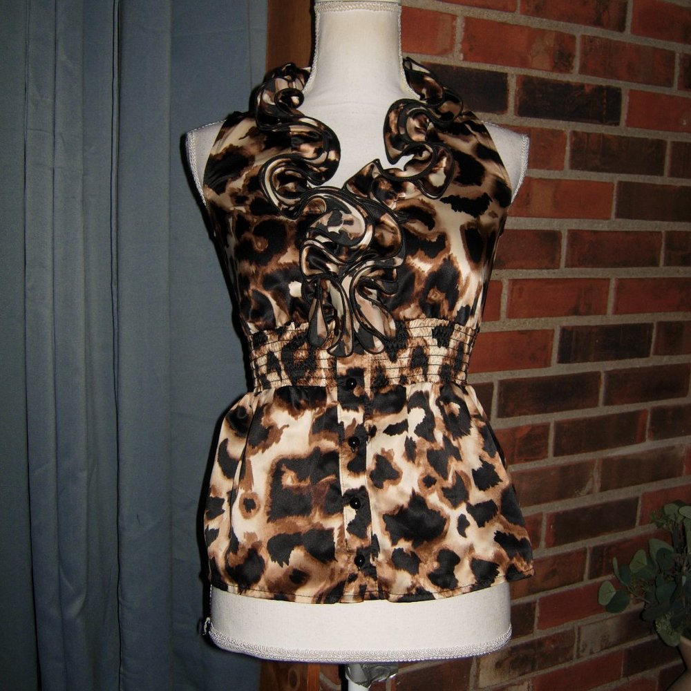 IZ Byer Leopard Ruffle Neckline Sleevelss Top S